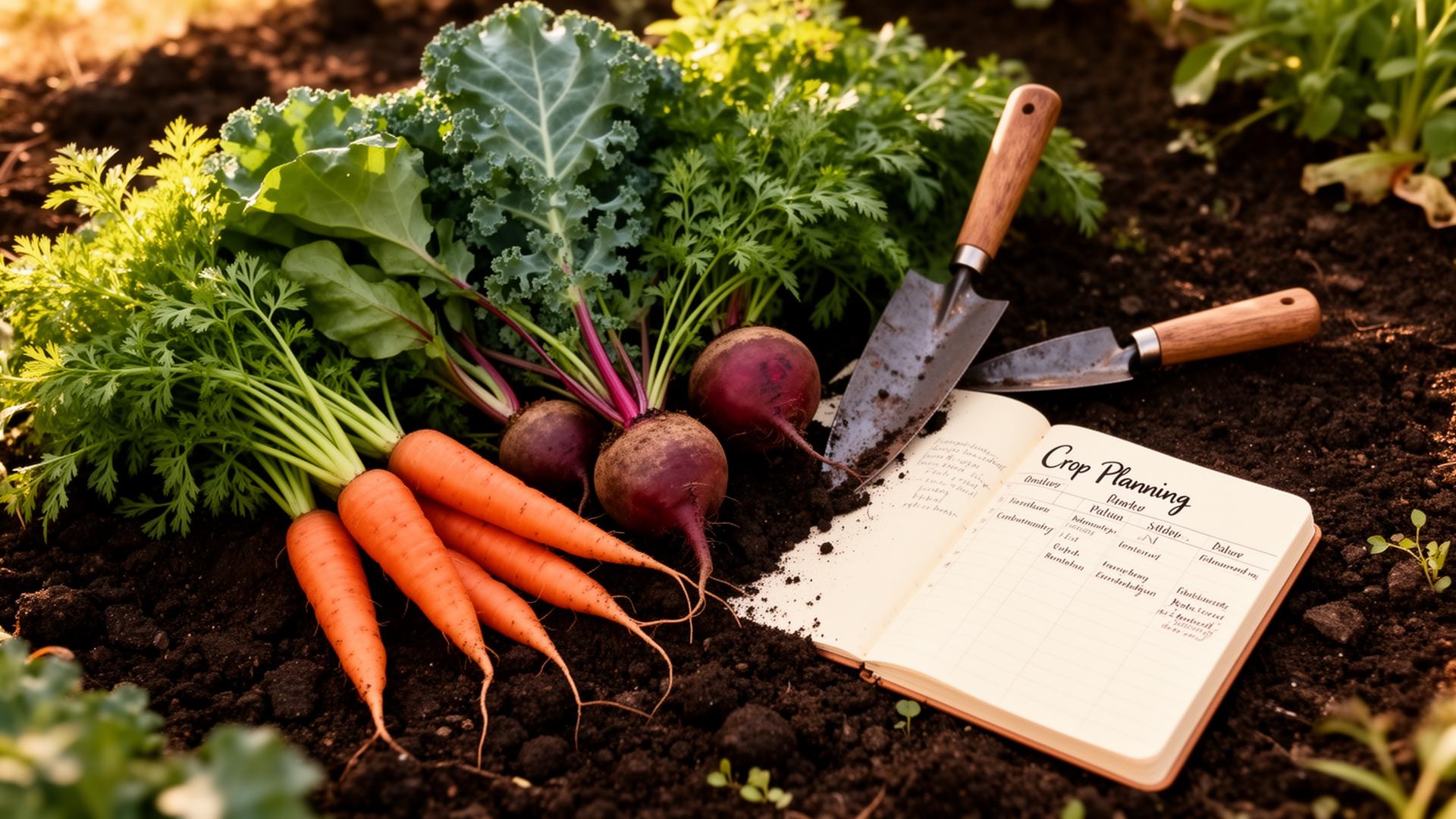 Freshly harvested vegetables on rich soil with crop planning notebook